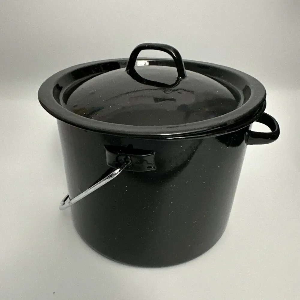 Vintage Black Speckled Enamelware Stock Pot w Lid & Bail Handle Campfire Cowboy